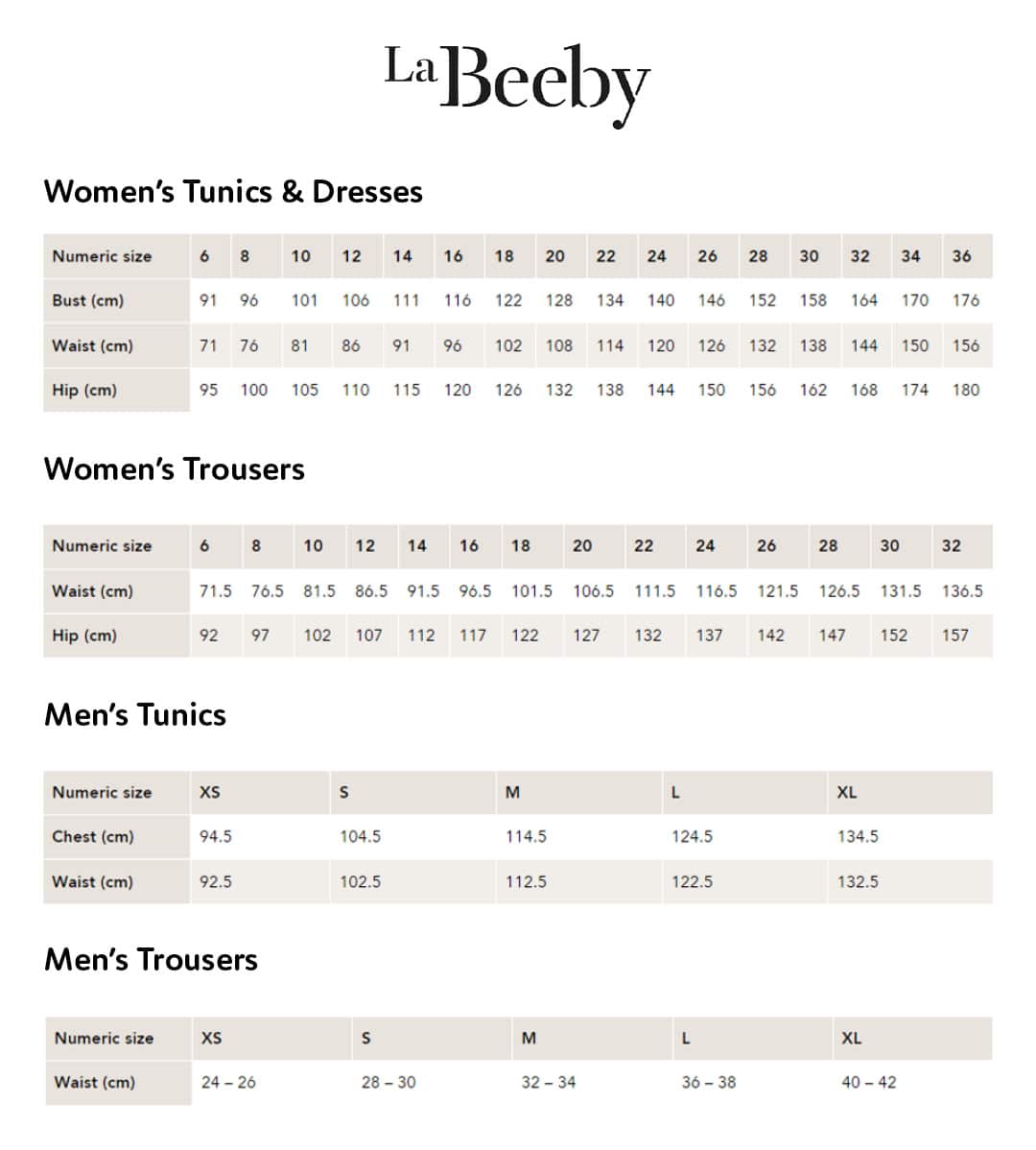 Labeeby Size Guide