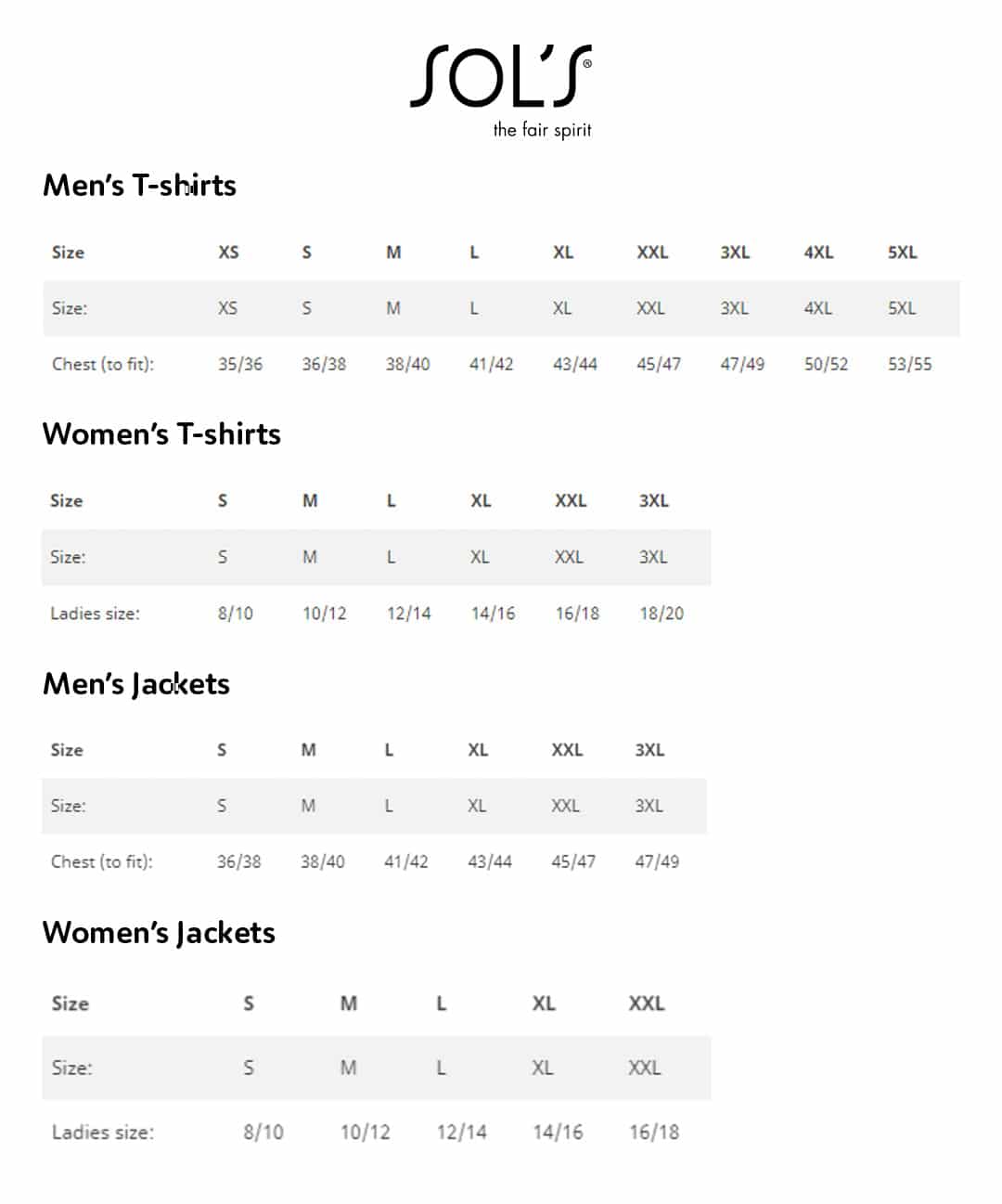 Sol's imperial online size chart