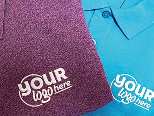 A personalised polo shirt with "add your logo here" embroidered on the chest.